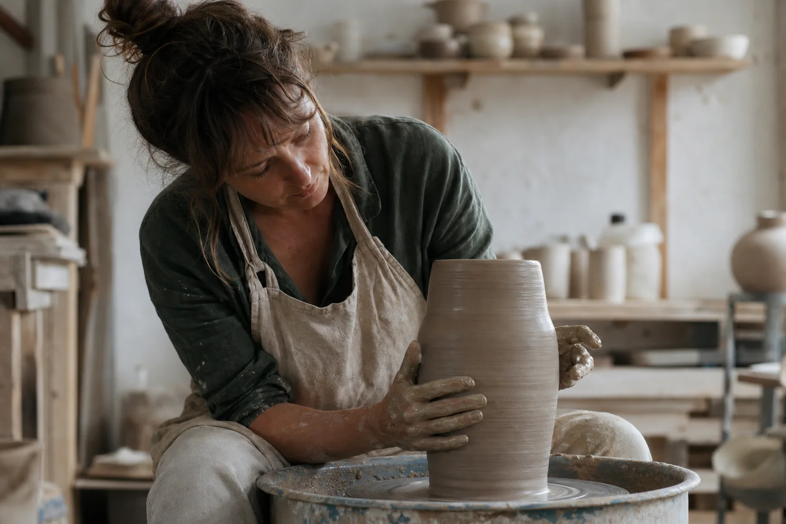 Une potière façonne un vase à la main dans son atelier
